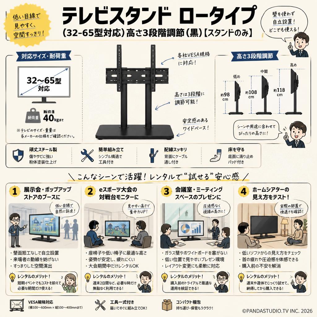 テレビスタンド ロータイプ（32-65型対応）高さ3段階調節（黒）【スタンドのみ】 おもな対象のお客様