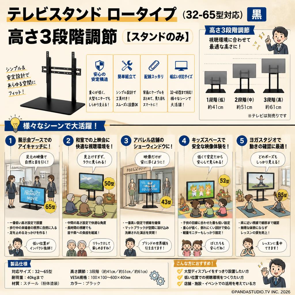 テレビスタンド ロータイプ（32-65型対応）高さ3段階調節（黒）【スタンドのみ】 用途
