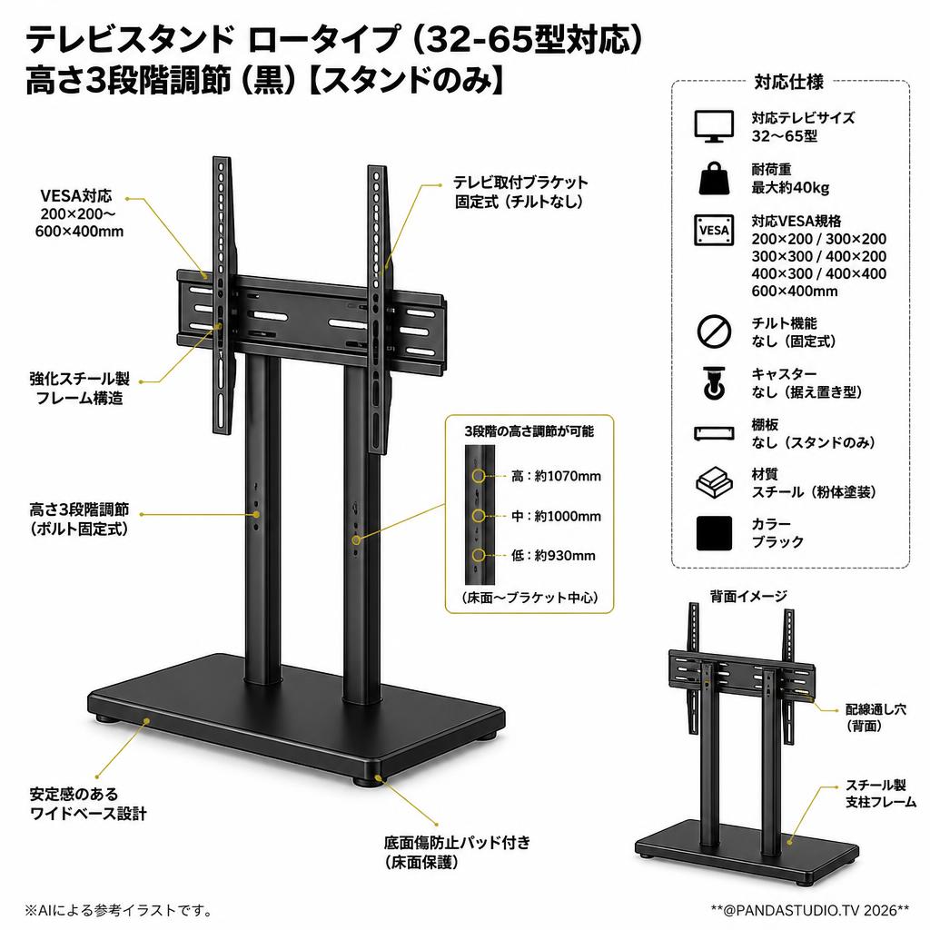 テレビスタンド ロータイプ（32-65型対応）高さ3段階調節（黒）【スタンドのみ】 スペック