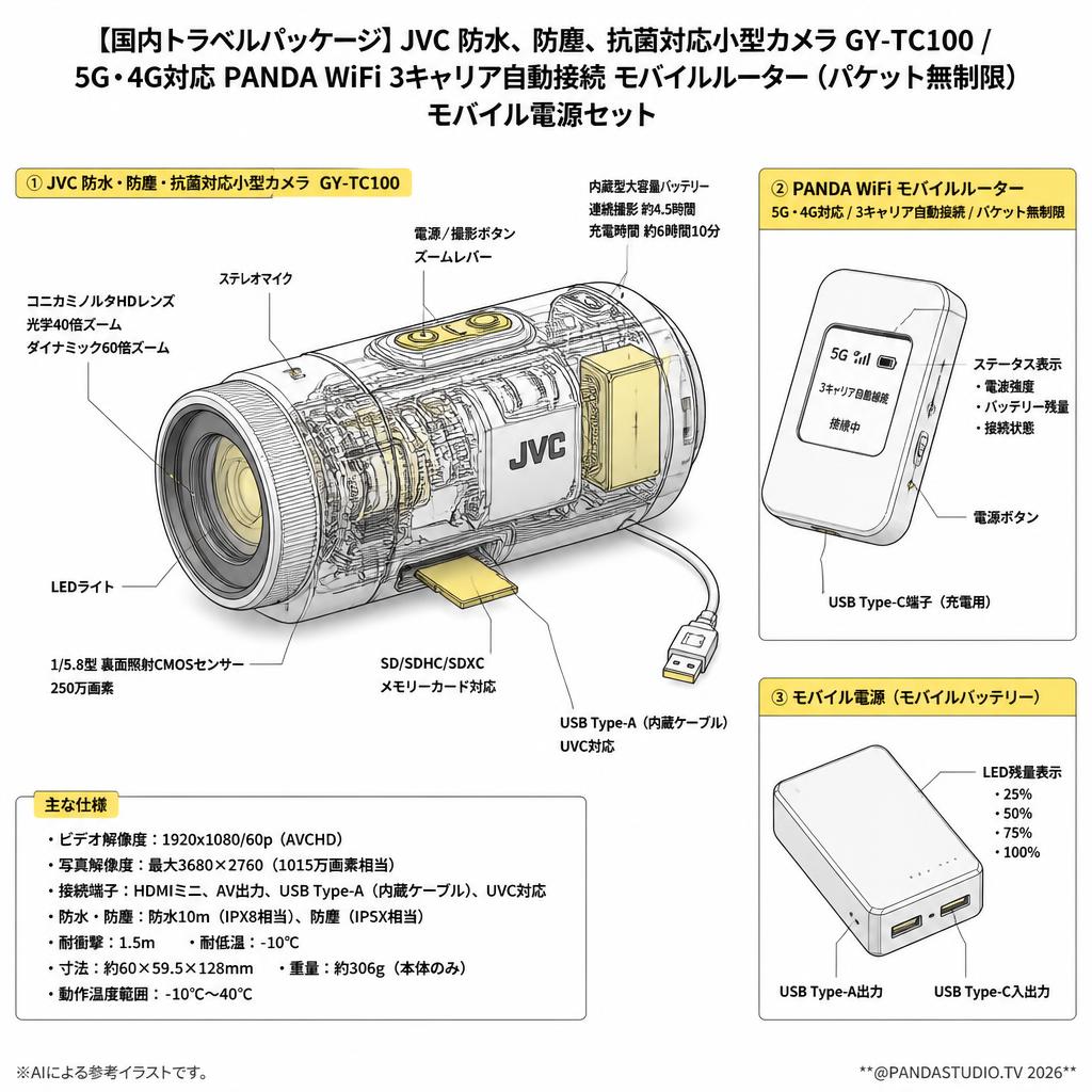 【国内トラベルパッケージ】JVC 防水、防塵、抗菌対応小型カメラ GY-TC100 / 5G・4G対応 PANDA WiFi 3キャリア自動接続 モバイルルーター（パケット無制限） モバイル電源セット スペック