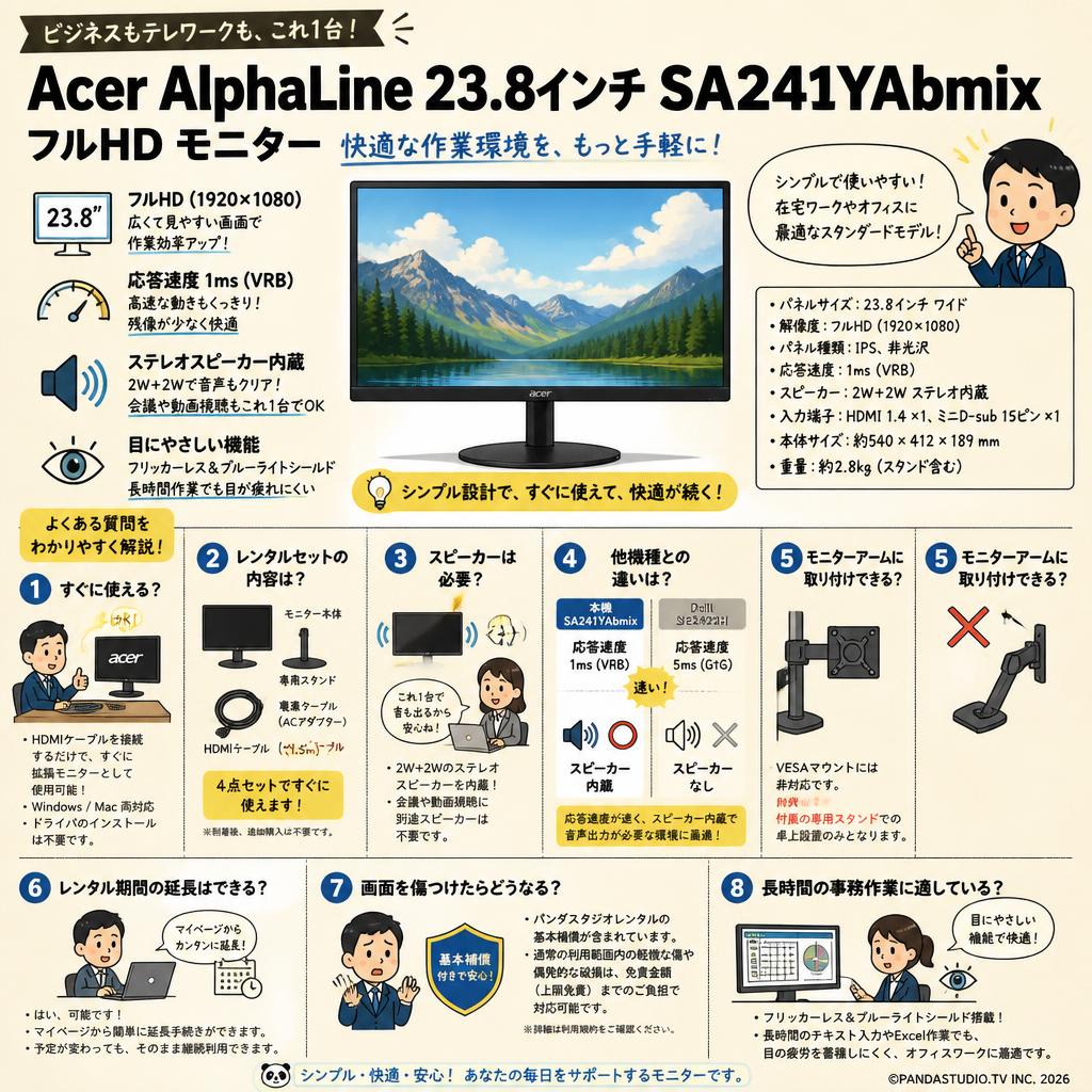 Acer AlphaLine 23.8インチ SA241YAbmix フルHD FAQ（よくある質問と答え）