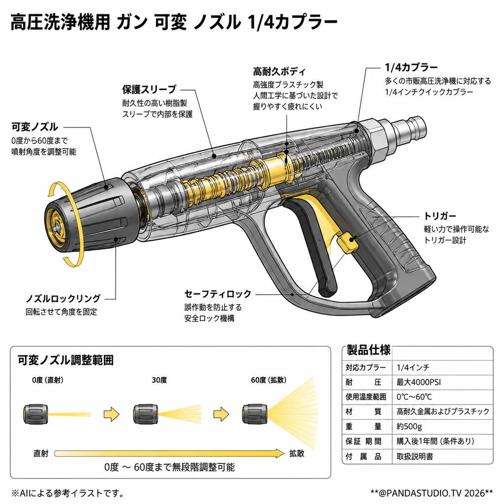 高圧洗浄機用 ガン 可変 ノズル 1/4カプラー スペック