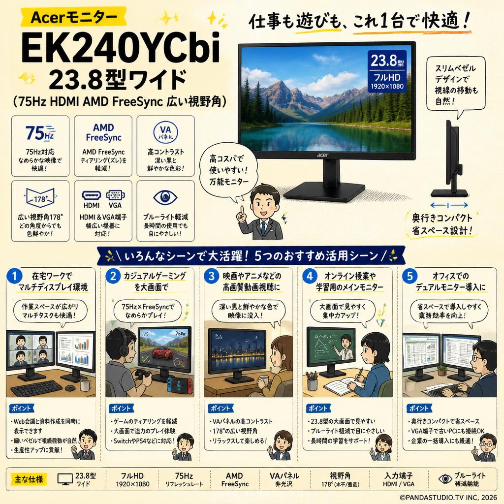 Acerモニター【EK240YCbi 23.8型ワイド( 75Hz HDMI AMD FreeSync 広い視野角)】 用途