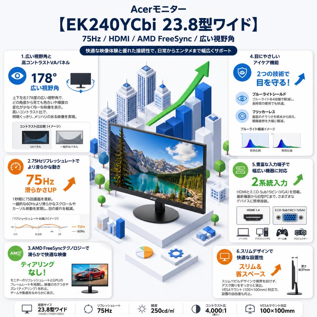Acerモニター【EK240YCbi 23.8型ワイド( 75Hz HDMI AMD FreeSync 広い視野角)】 セールスポイント