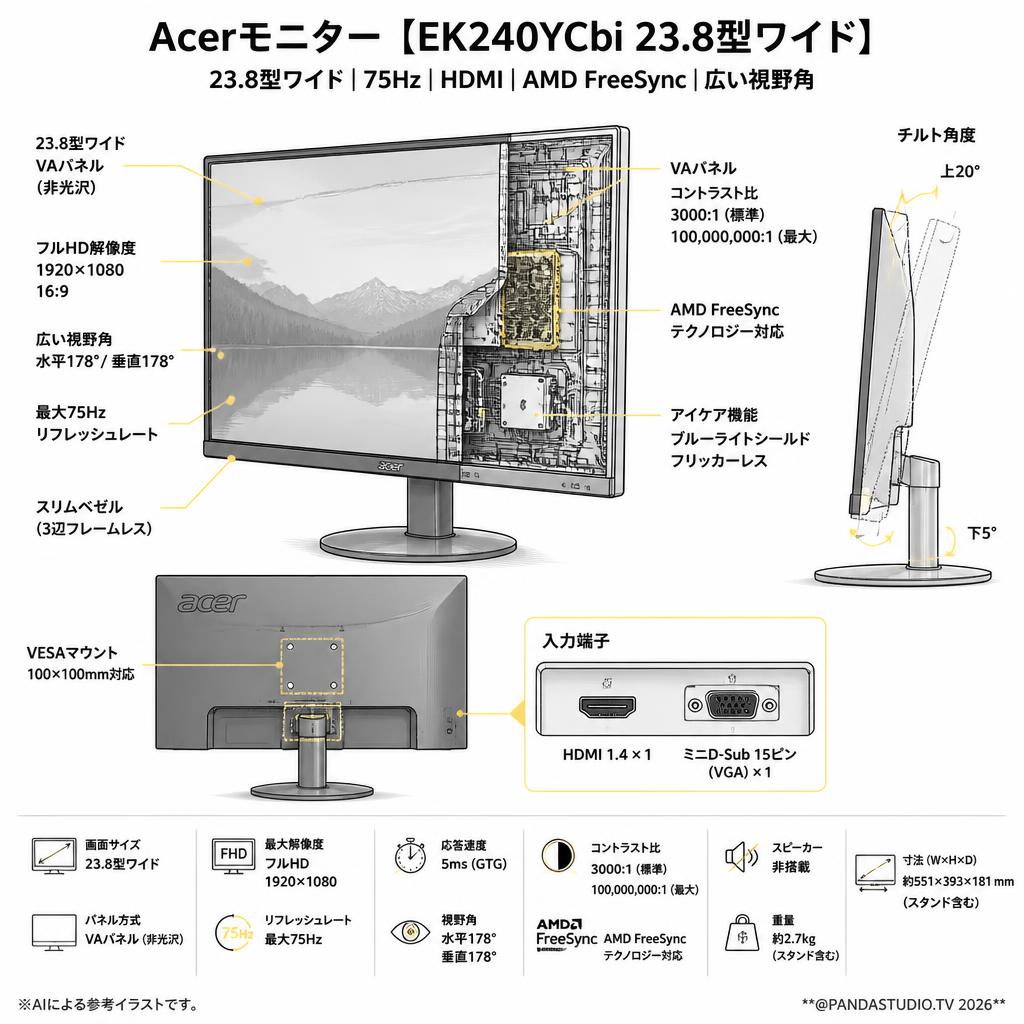 Acerモニター【EK240YCbi 23.8型ワイド( 75Hz HDMI AMD FreeSync 広い視野角)】 スペック