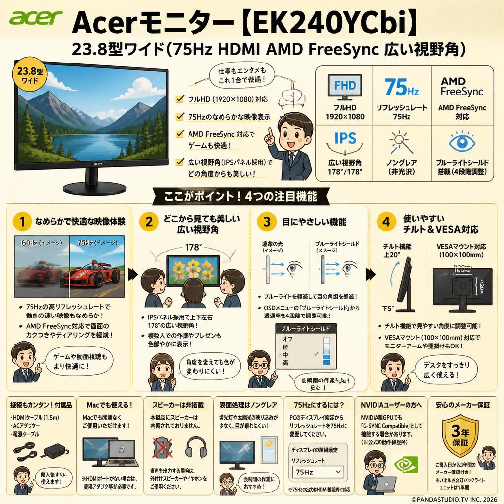 Acerモニター【EK240YCbi 23.8型ワイド( 75Hz HDMI AMD FreeSync 広い視野角)】 FAQ（よくある質問と答え）