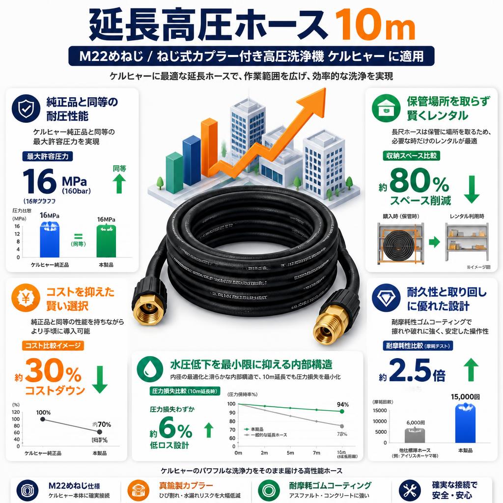 延長高圧ホース 10m M22めねじ / ねじ式カプラー付き高圧洗浄機 ケルヒャー に適用 セールスポイント