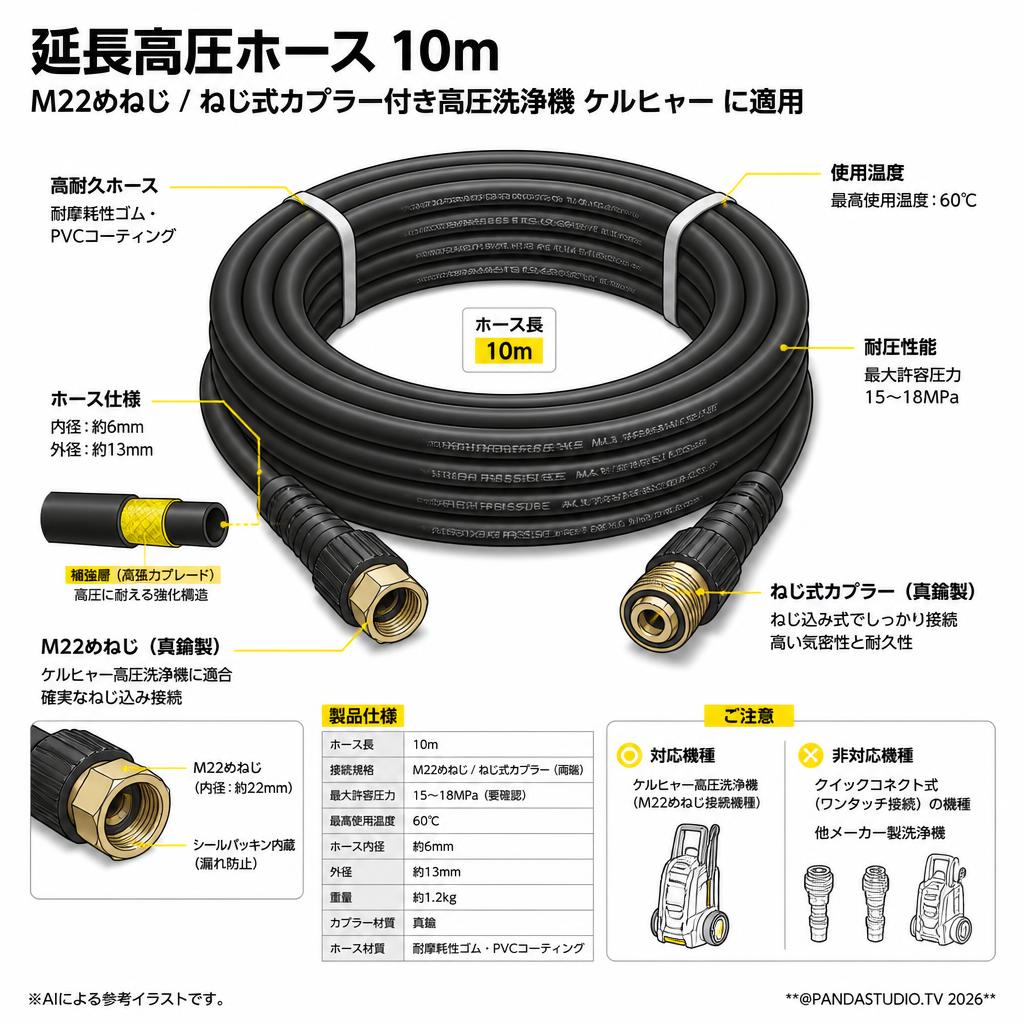 延長高圧ホース 10m M22めねじ / ねじ式カプラー付き高圧洗浄機 ケルヒャー に適用 スペック