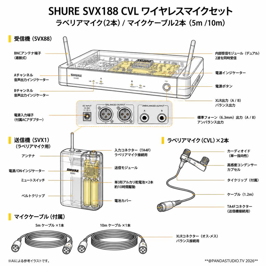 SHURE SVX188 CVL ワイヤレスマイクセット ラベリアマイク(2本) / マイクケーブル2本（5m /10m） スペック