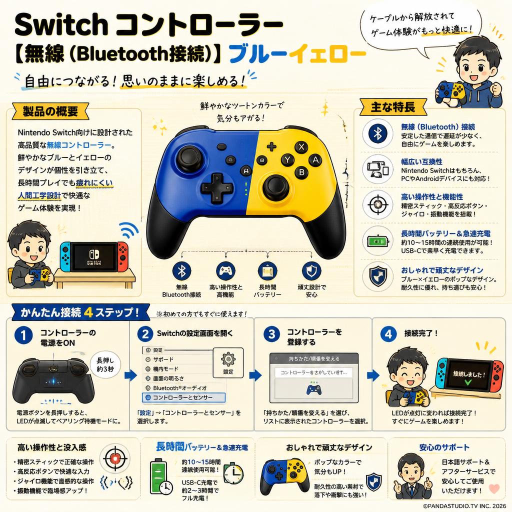 Switch コントローラー 【 無線（ Bluetooth接続）】ブルーイェロー 概要