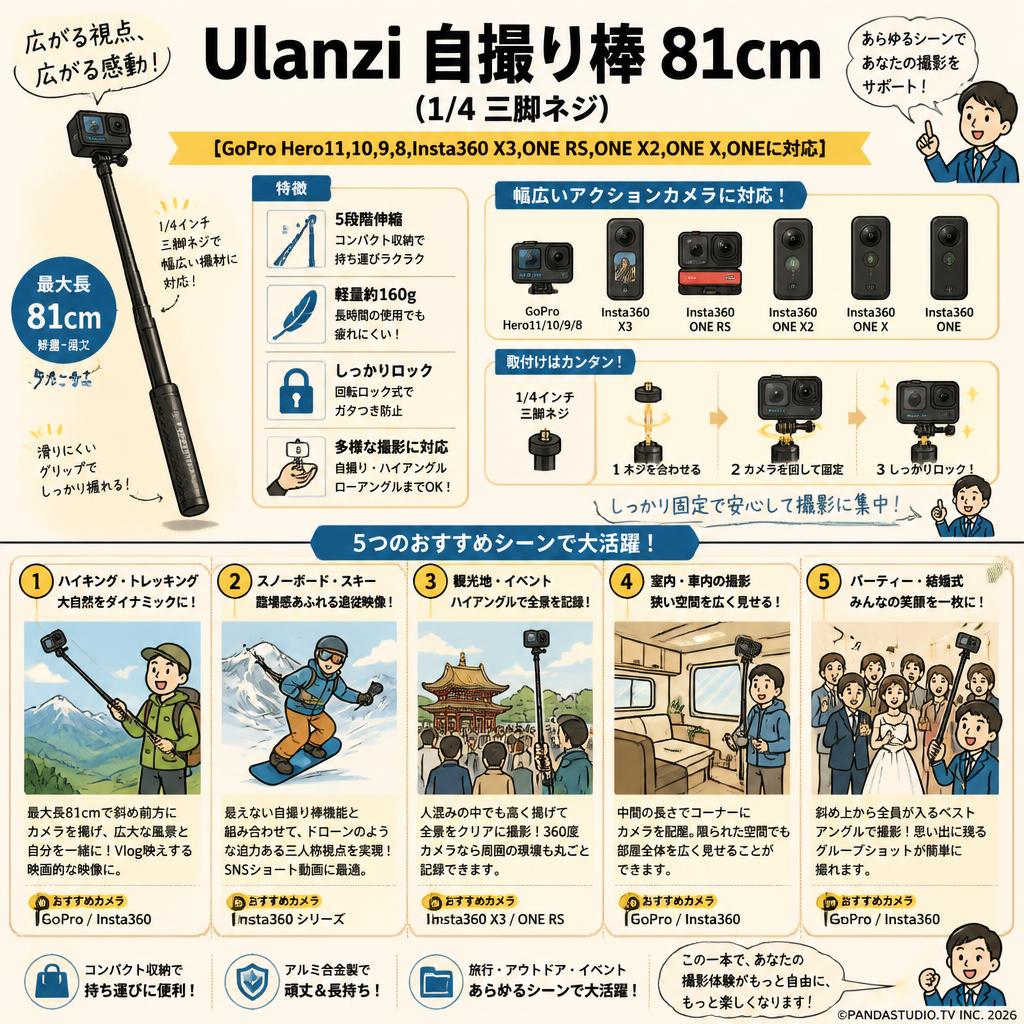 Ulanzi 自撮り棒 81cm（1/4 三脚ネジ）【GoPro Hero11,10,9,8,Insta360 X3,ONE RS,ONE X2,ONE X,ONEに対応】 用途