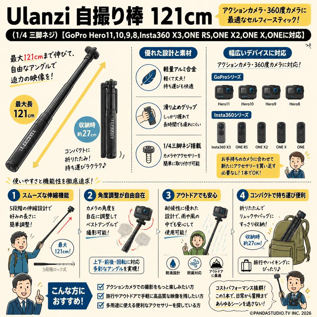 Ulanzi 自撮り棒 121cm（1/4 三脚ネジ）【GoPro Hero11,10,9,8,Insta360 X3,ONE RS,ONE X2,ONE X,ONEに対応】 概要