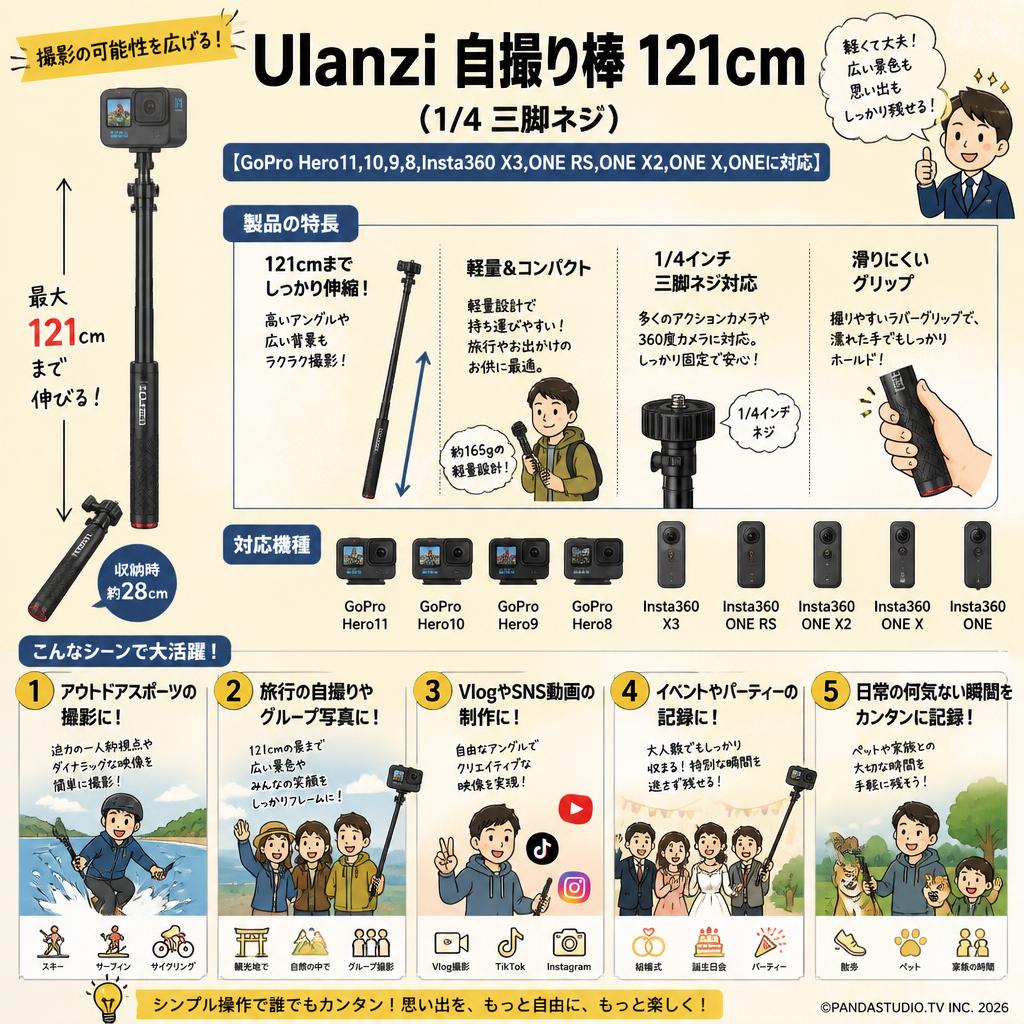 Ulanzi 自撮り棒 121cm（1/4 三脚ネジ）【GoPro Hero11,10,9,8,Insta360 X3,ONE RS,ONE X2,ONE X,ONEに対応】 用途