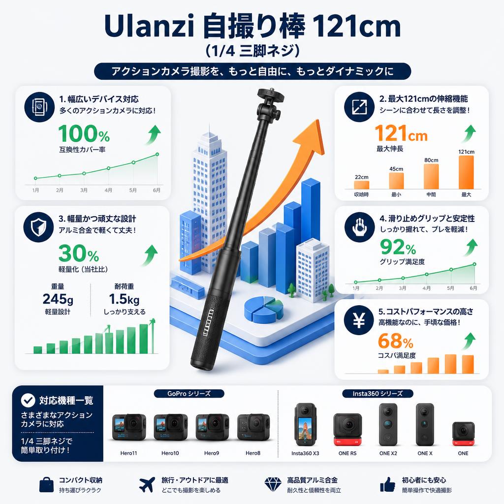 Ulanzi 自撮り棒 121cm（1/4 三脚ネジ）【GoPro Hero11,10,9,8,Insta360 X3,ONE RS,ONE X2,ONE X,ONEに対応】 セールスポイント