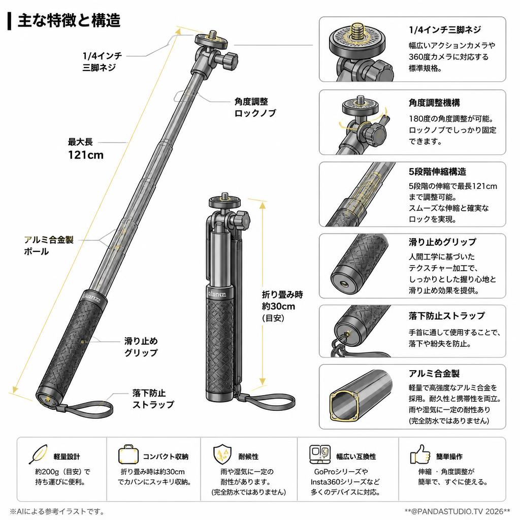 Ulanzi 自撮り棒 121cm（1/4 三脚ネジ）【GoPro Hero11,10,9,8,Insta360 X3,ONE RS,ONE X2,ONE X,ONEに対応】 スペック