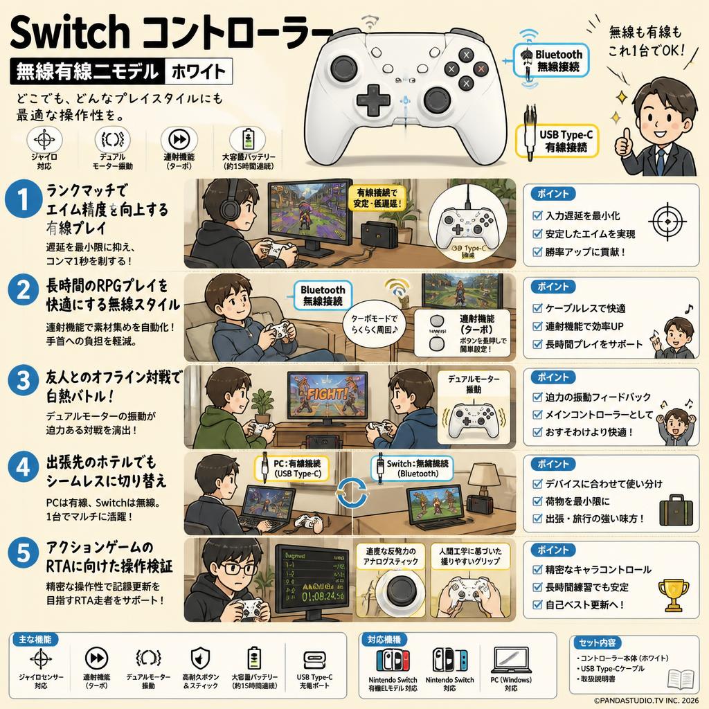 Switch コントローラー 【無線有線二モデル 】‎ホワイト 用途