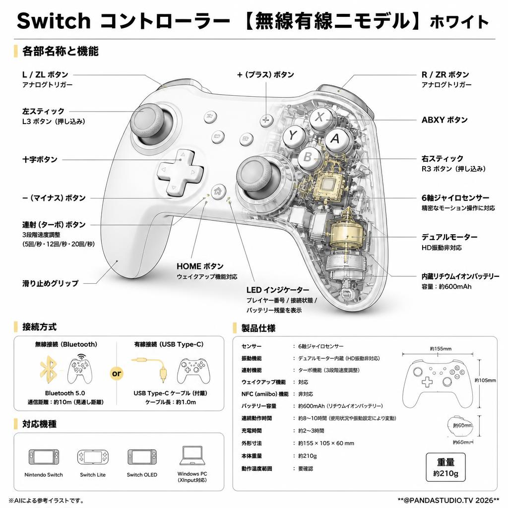 Switch コントローラー 【無線有線二モデル 】‎ホワイト スペック