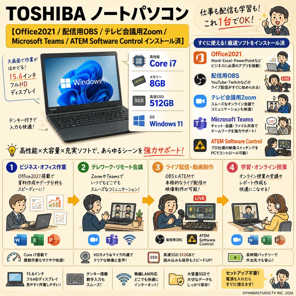 TOSHIBA ノートパソコン 【Office2021 / 配信用OBS / テレビ会議用Zoom / Microsoft Teams / ATEM Software Control インストール済】 (Corei7 Windows11 15.6 インチ 8GBメモリー512GB SSD) 用途