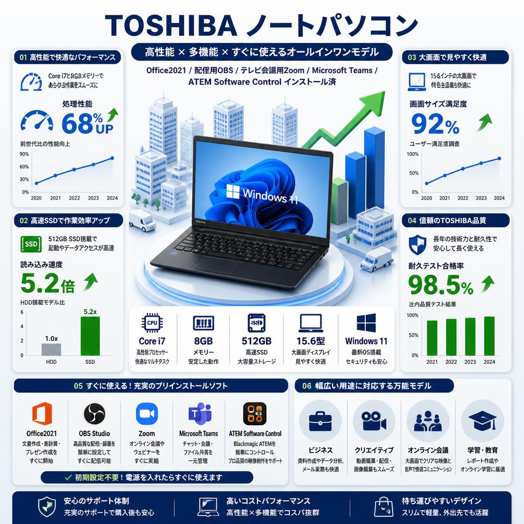 TOSHIBA ノートパソコン 【Office2021 / 配信用OBS / テレビ会議用Zoom / Microsoft Teams / ATEM Software Control インストール済】 (Corei7 Windows11 15.6 インチ 8GBメモリー512GB SSD) セールスポイント