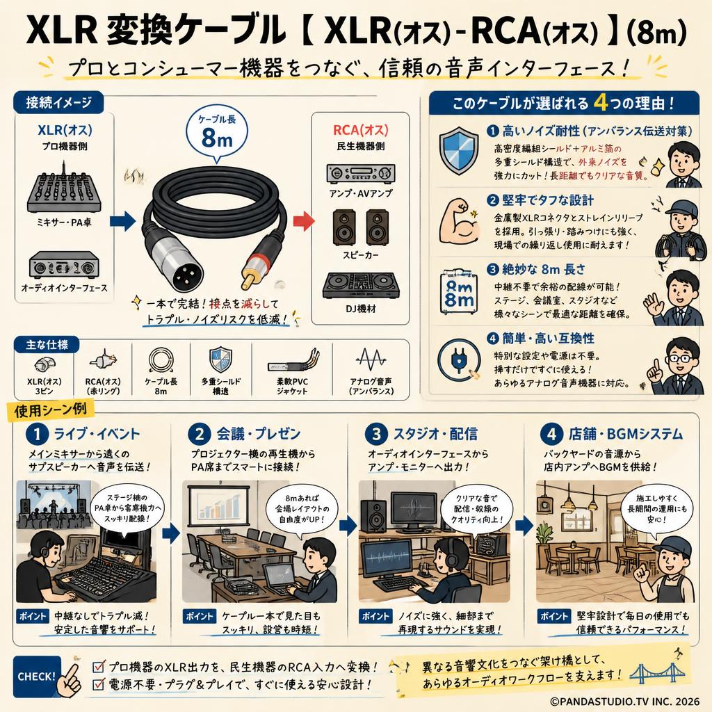 XLR 変換ケーブル【 XLR(オス) - RCA(オス) 】(8m) 概要