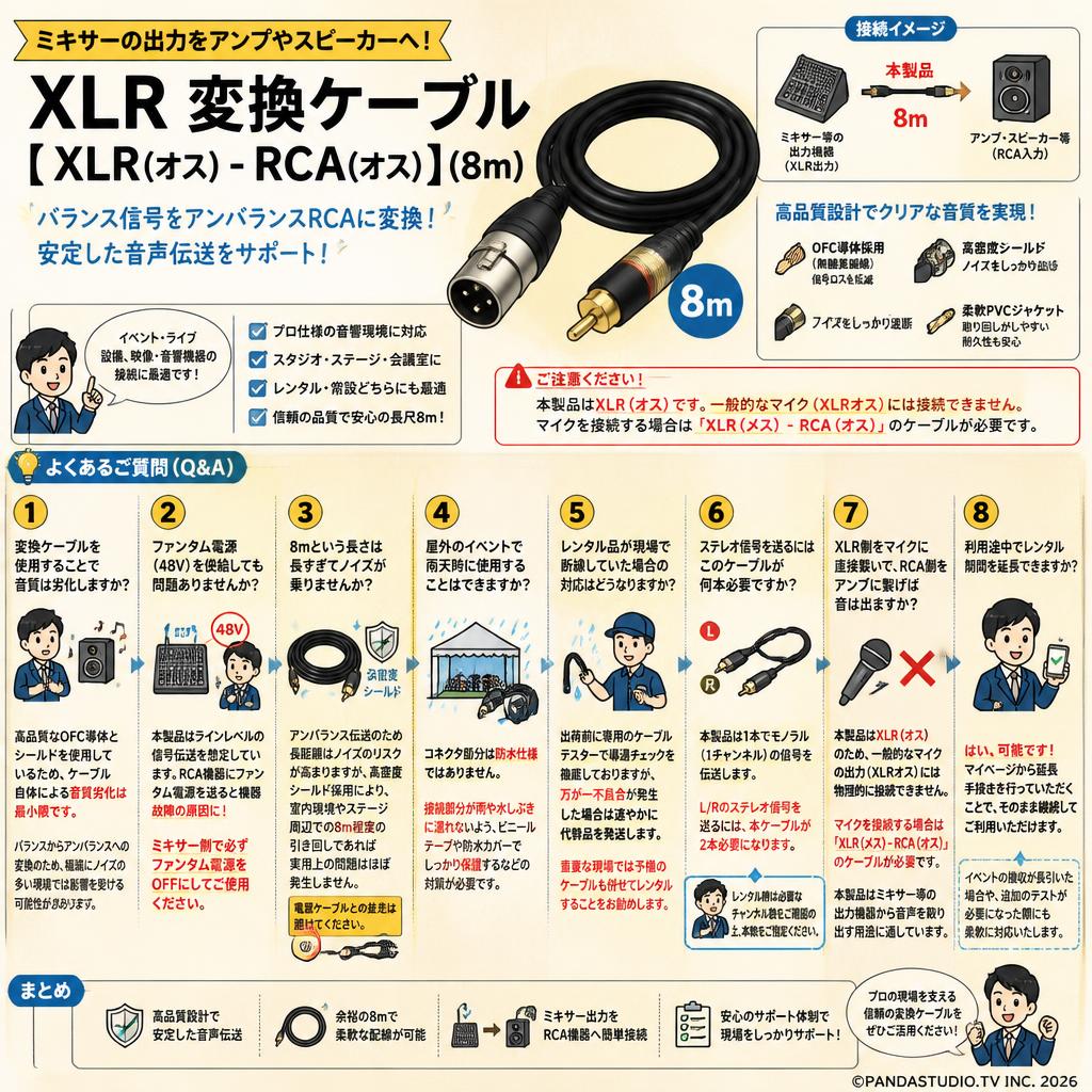 XLR 変換ケーブル【 XLR(オス) - RCA(オス) 】(8m) FAQ（よくある質問と答え）