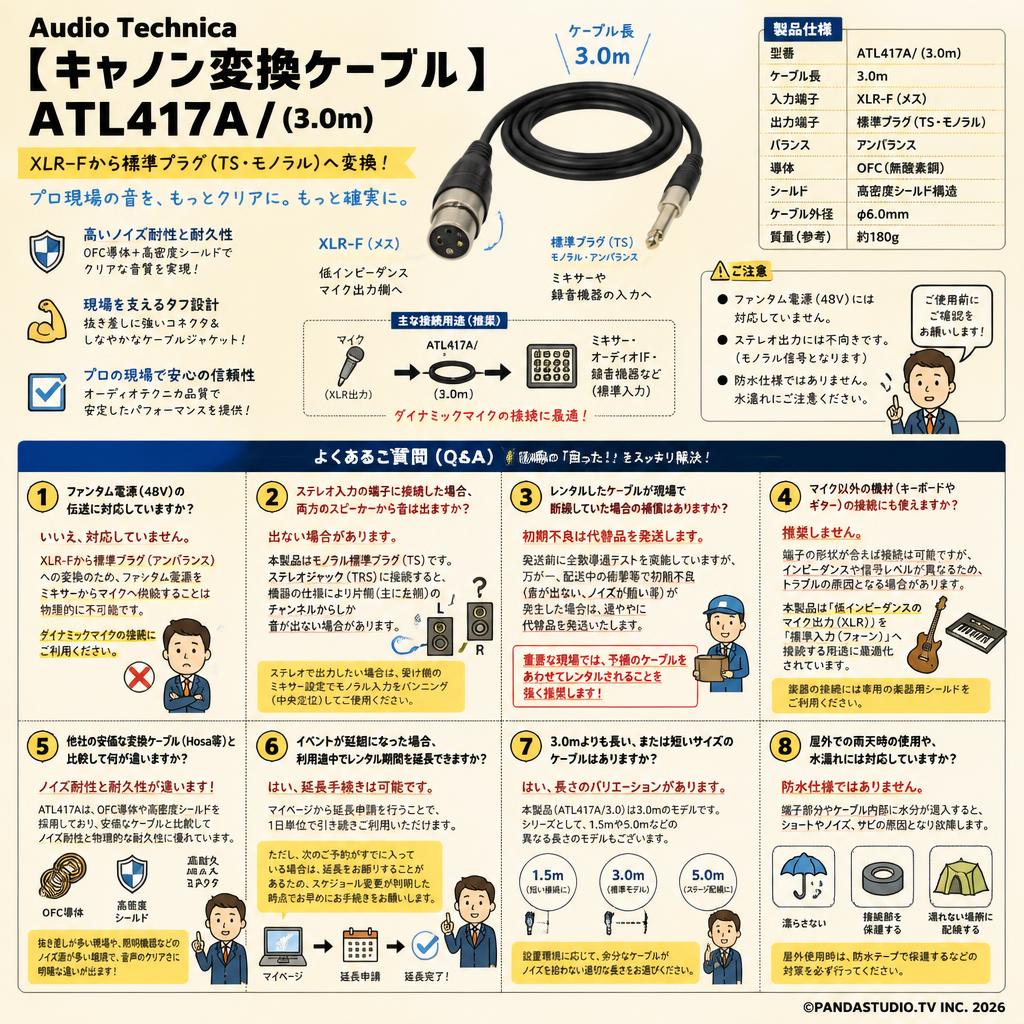 Audio Technica 【キャノン変換ケーブル 】ATL417A/ (3.0m) FAQ（よくある質問と答え）