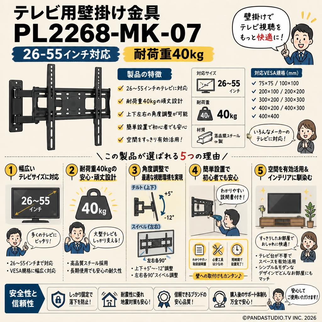 テレビ用壁掛け金具  PL2268-MK-07【26-55インチ対応】耐荷重40kg 概要