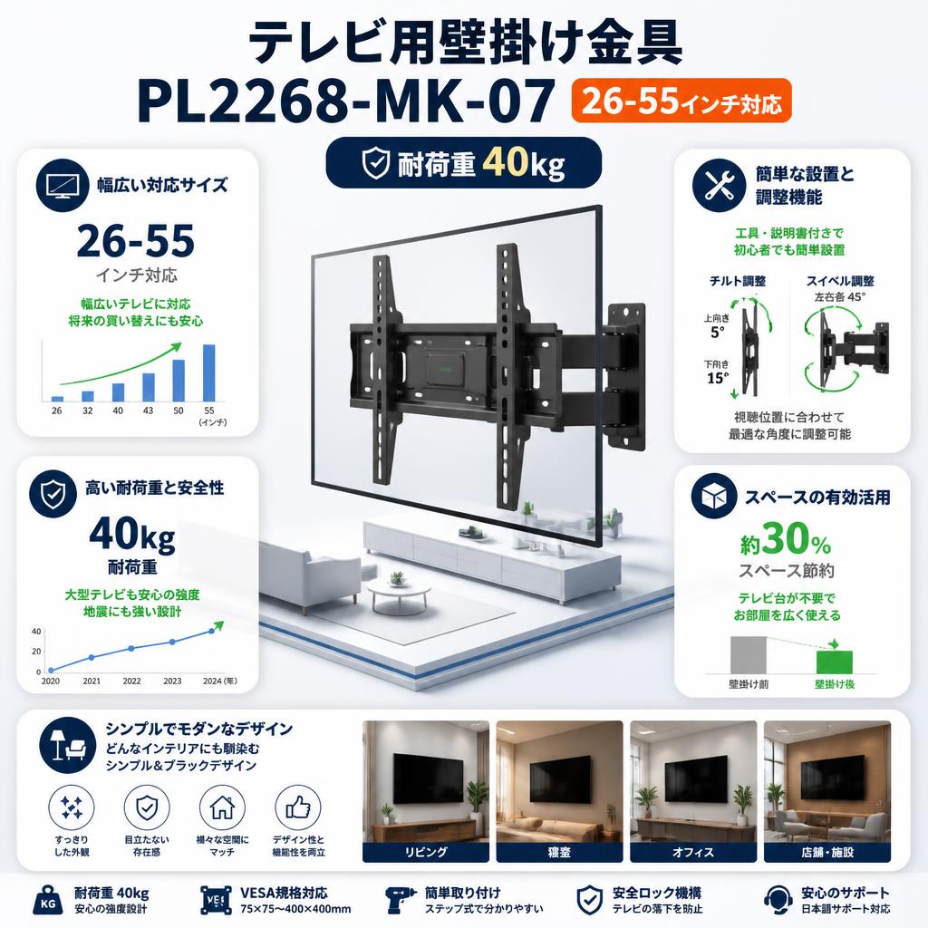 テレビ用壁掛け金具  PL2268-MK-07【26-55インチ対応】耐荷重40kg セールスポイント
