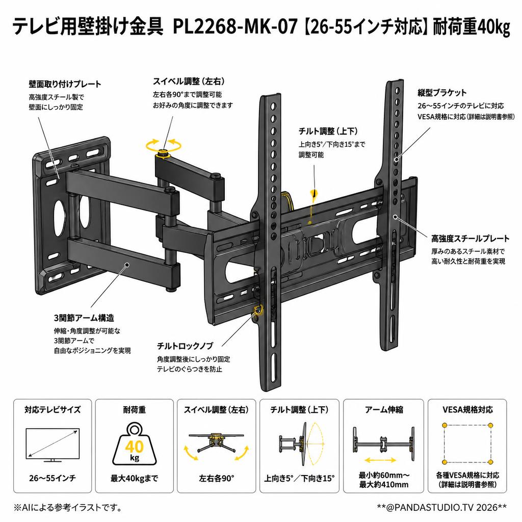 テレビ用壁掛け金具  PL2268-MK-07【26-55インチ対応】耐荷重40kg スペック