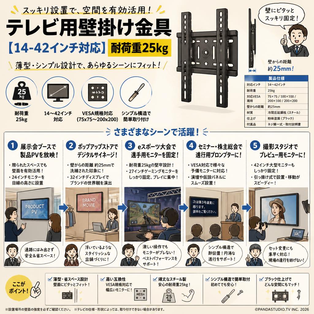 テレビ用壁掛け金具 【14-42インチ対応】耐荷重25kg 用途