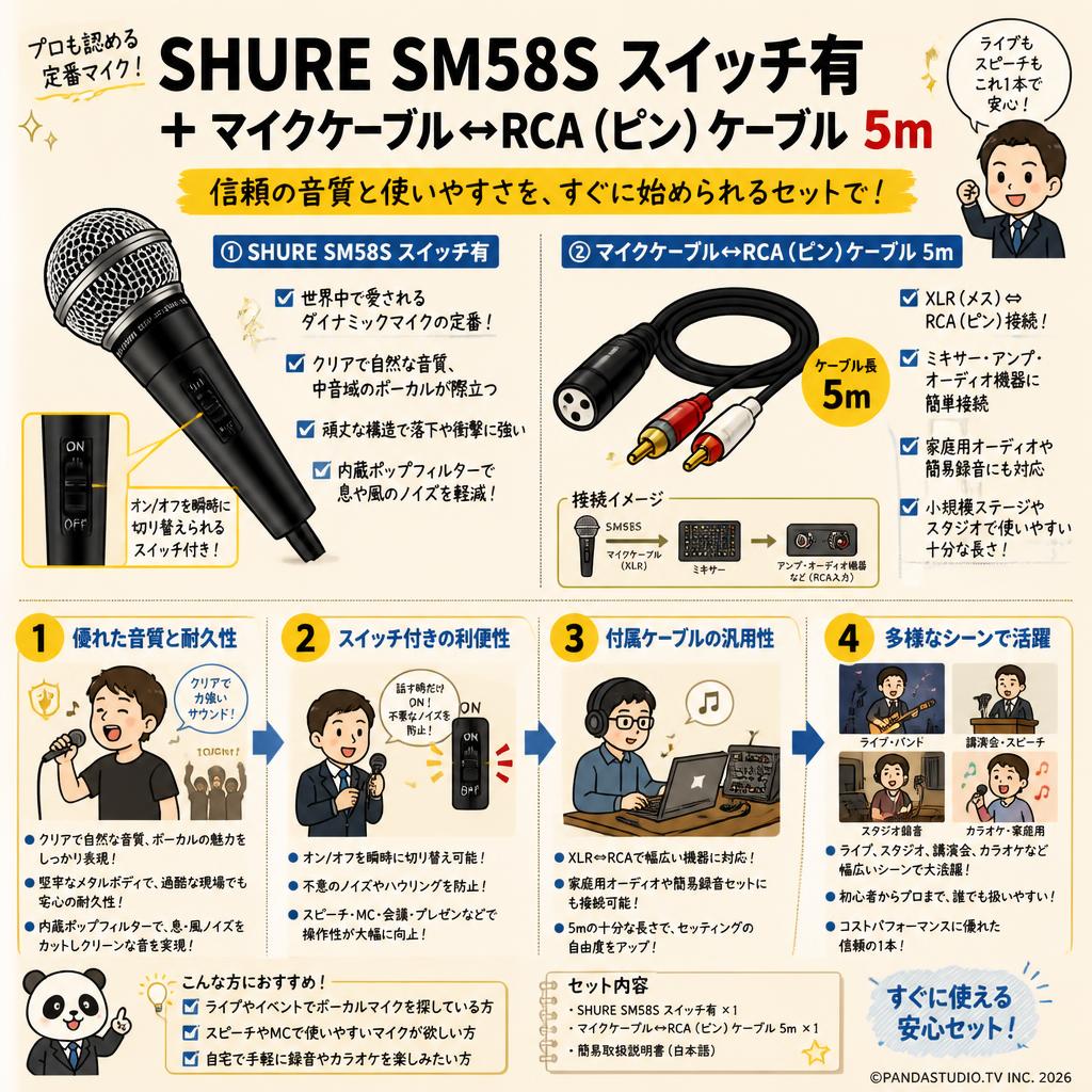 SHURE SM58S スイッチ有 ＋ マイクケーブル↔RCA（ピン）ケーブル 5m 概要