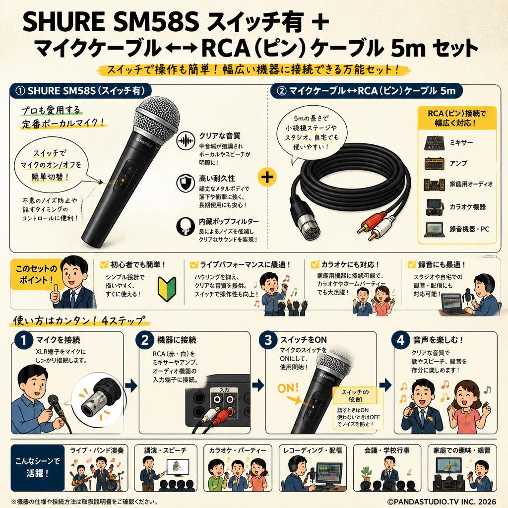 SHURE SM58S スイッチ有 ＋ マイクケーブル↔RCA（ピン）ケーブル 5m FAQ（よくある質問と答え）