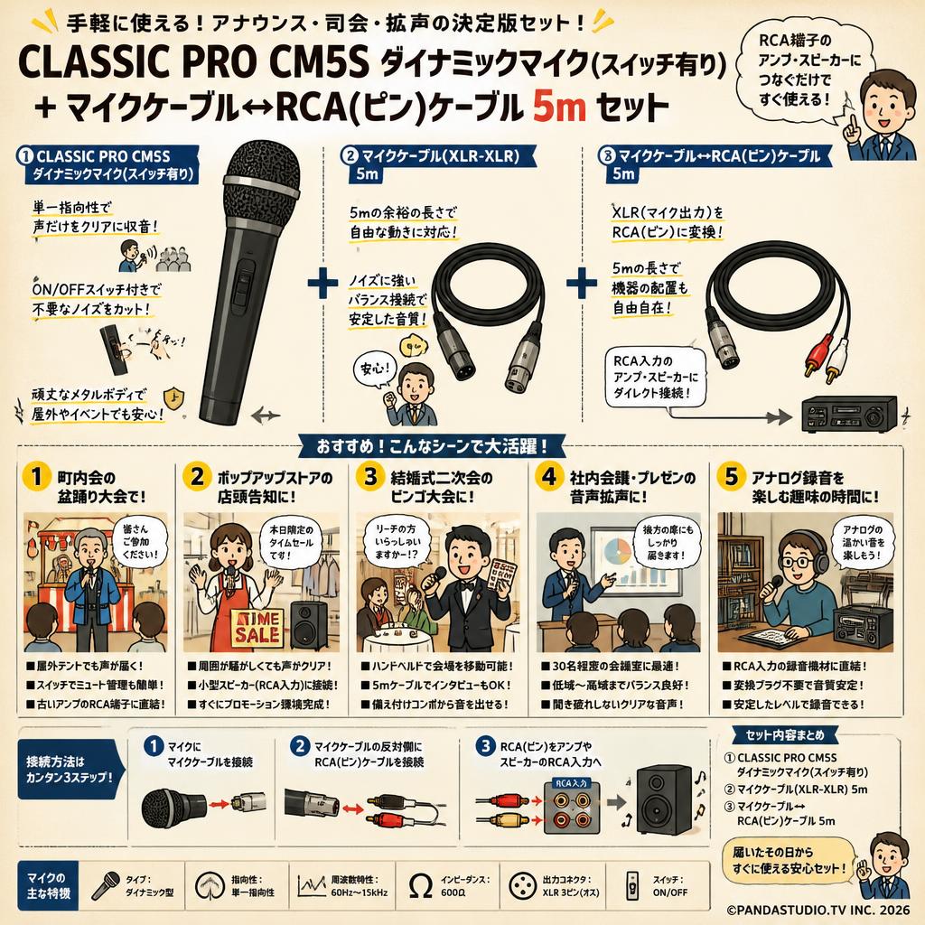 CLASSIC PRO CM5S ダイナミックマイク(スイッチ有り) ＋ ＋ マイクケーブル↔RCA（ピン）ケーブル 5m 用途