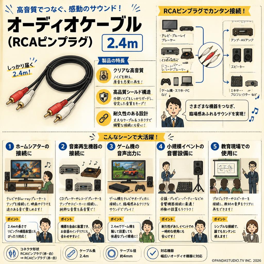 オーディオケーブル(RCAピンプラグ)　2.4m 用途