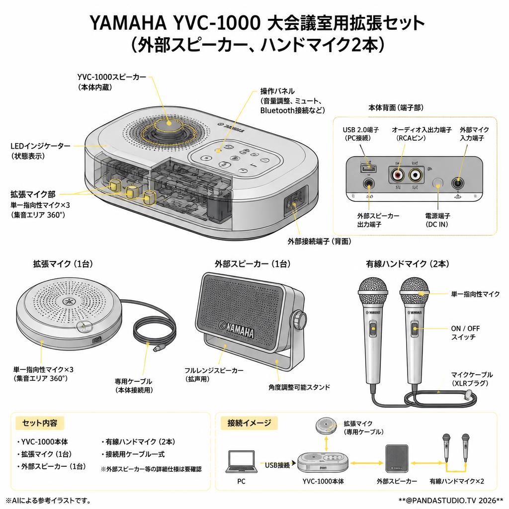 YAMAHA YVC-1000 大会議室用拡張セット（外部スピーカー、ハンドマイク2本） スペック