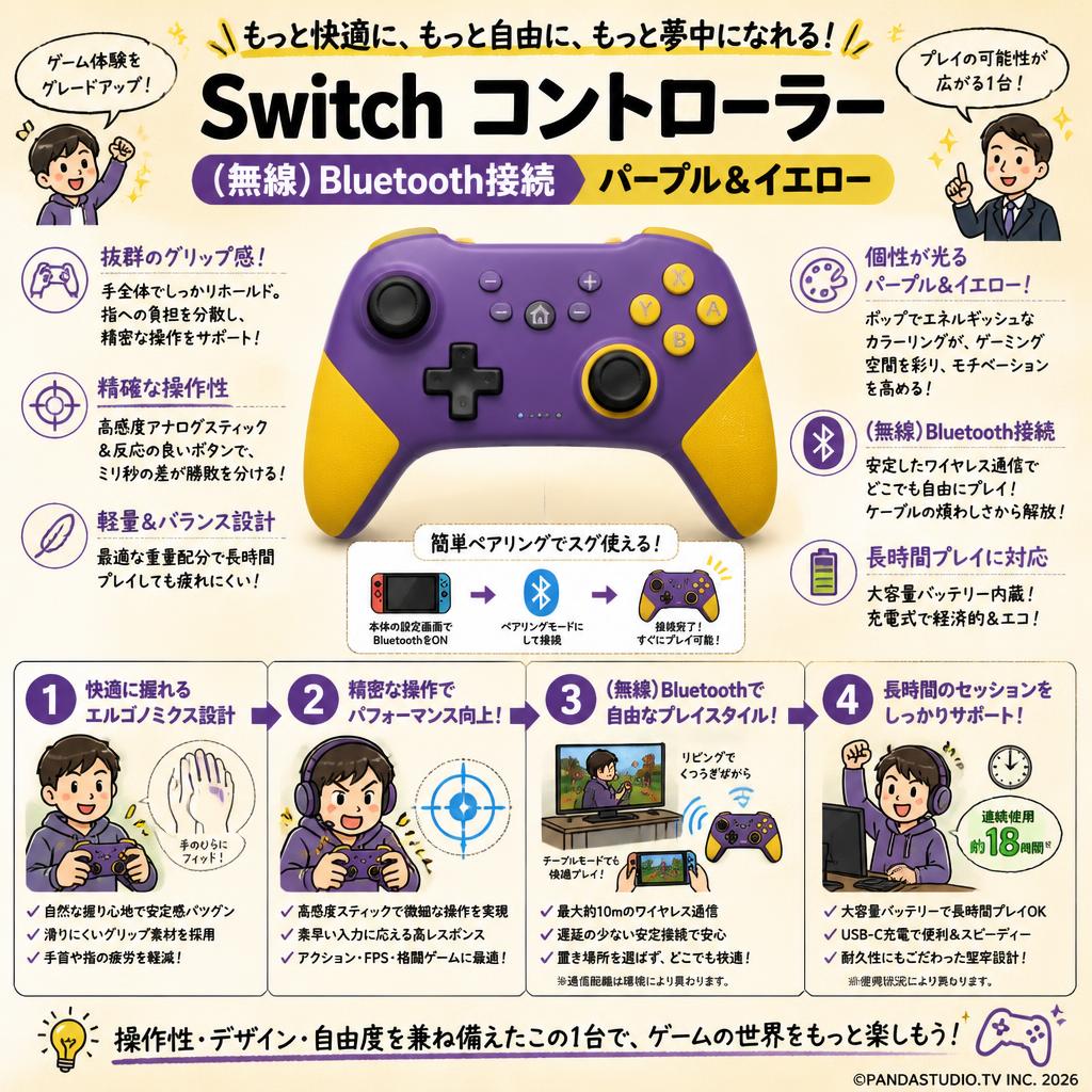 Switch コントローラー 【（無線）Bluetooth接続】（パープル&イエロー