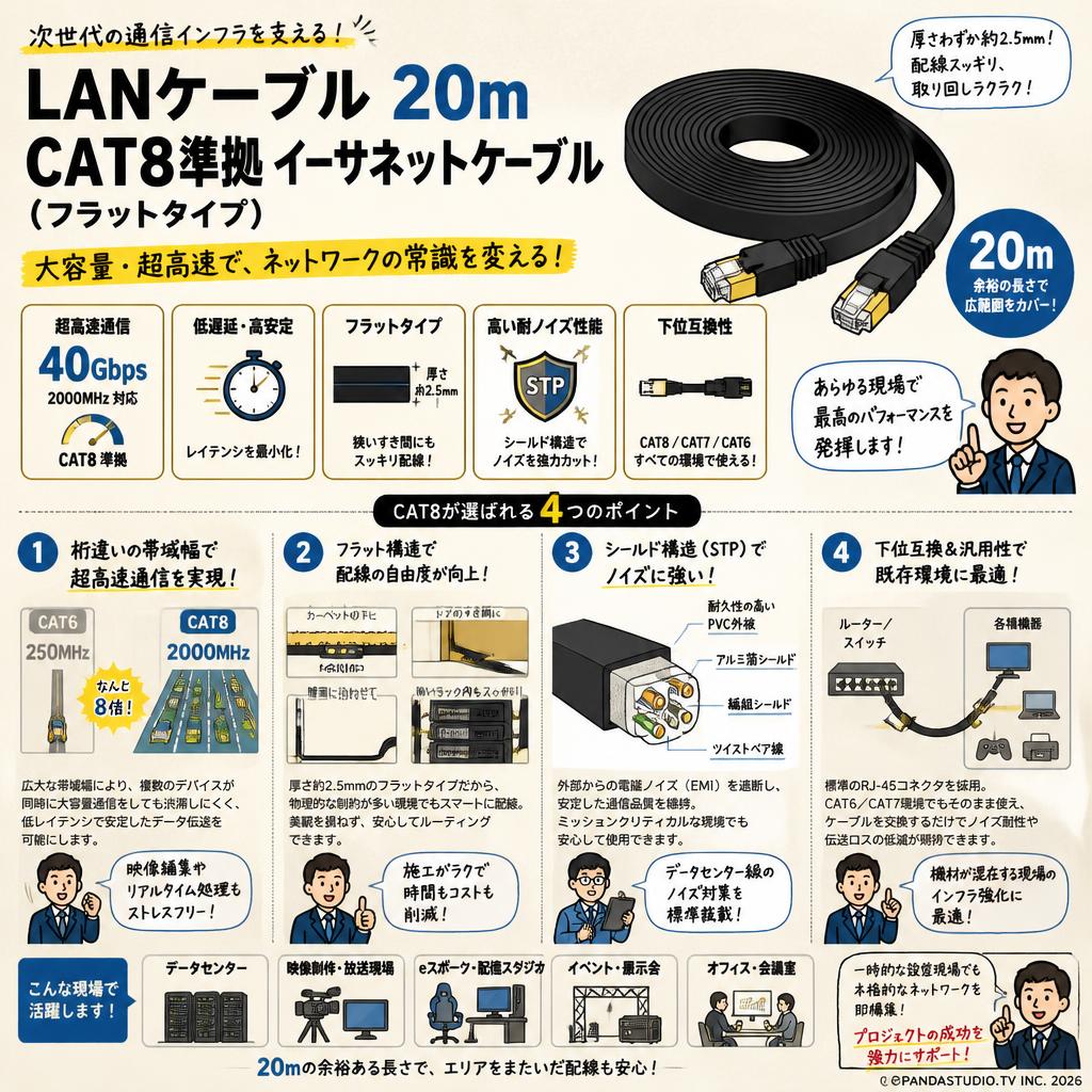 LANケーブル 20m CAT8準拠 イーサネットケーブル （フラットタイプ） 概要
