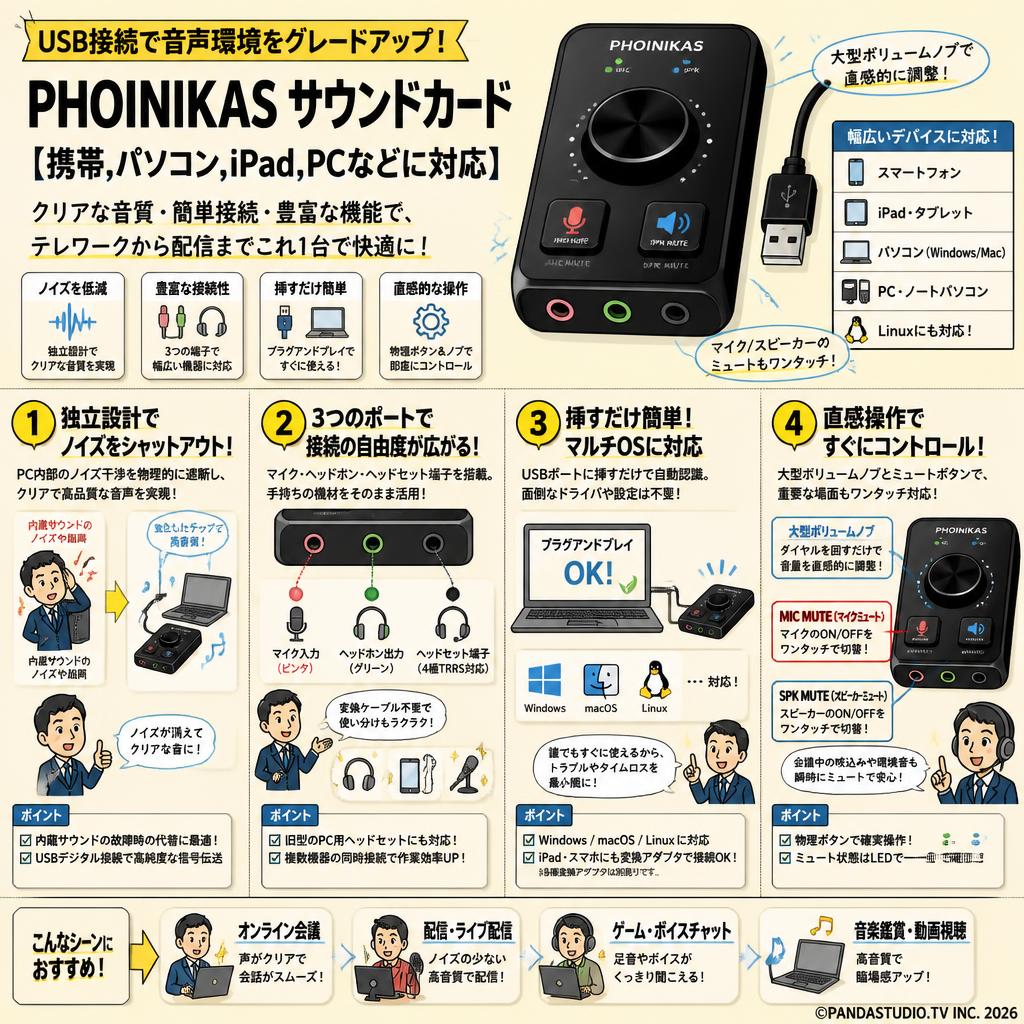 PHOINIKAS サウンドカード【携帯,パソコン,iPad,PCなどに対応】 概要
