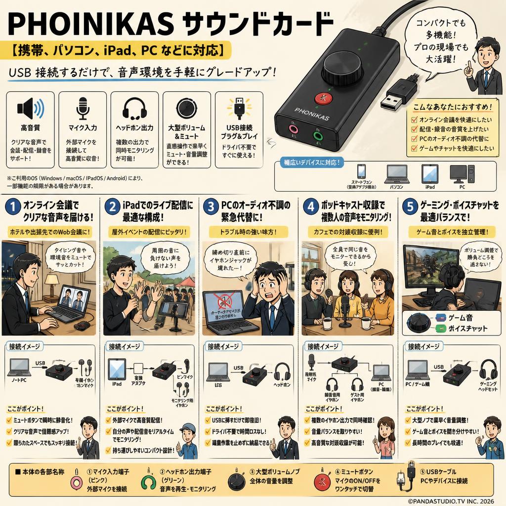 PHOINIKAS サウンドカード【携帯,パソコン,iPad,PCなどに対応】 用途
