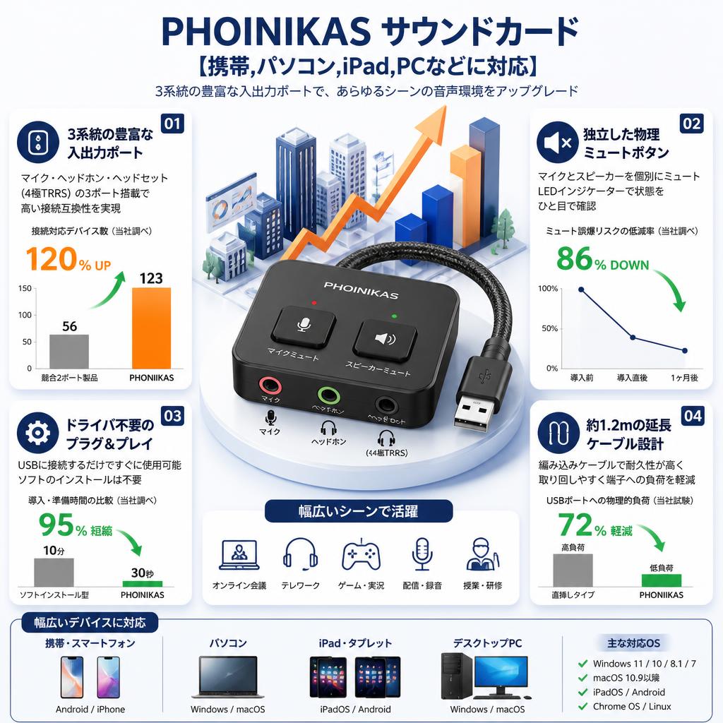 PHOINIKAS サウンドカード【携帯,パソコン,iPad,PCなどに対応】 セールスポイント