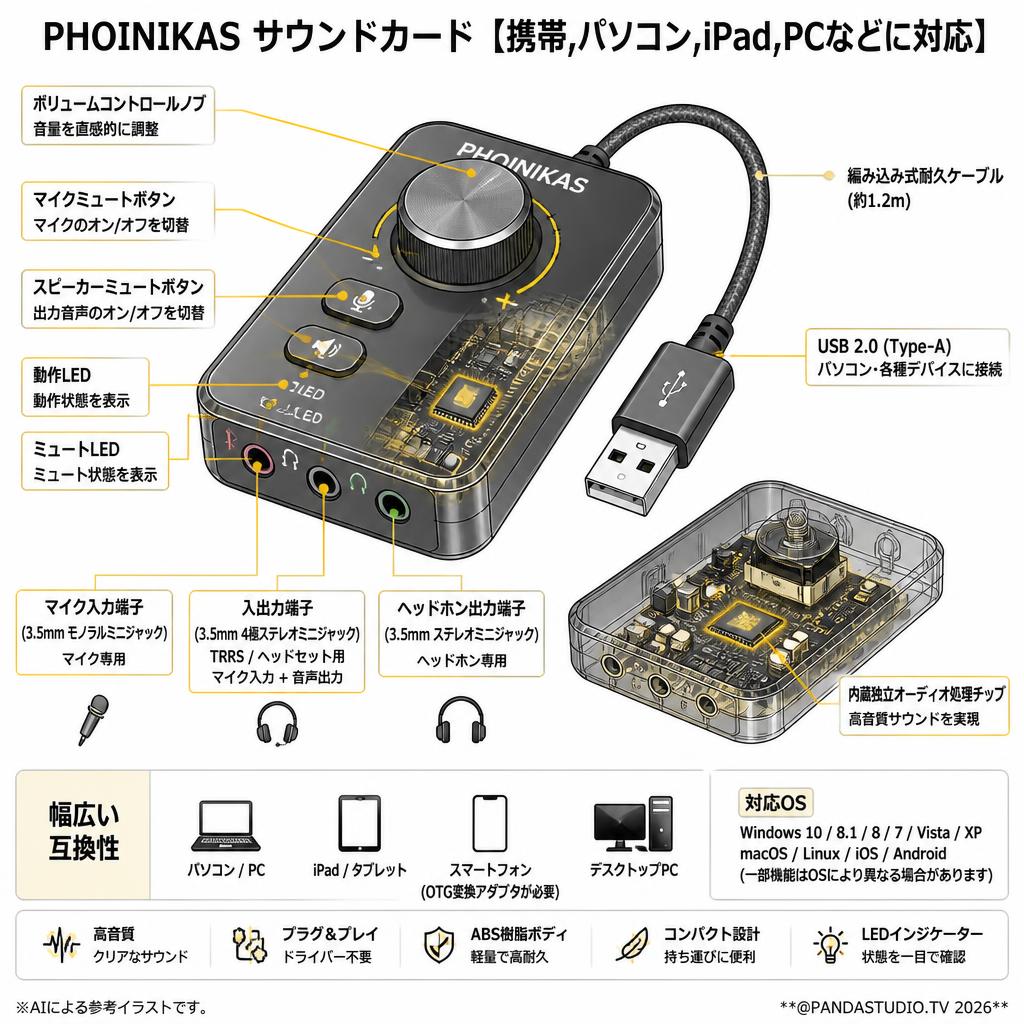 PHOINIKAS サウンドカード【携帯,パソコン,iPad,PCなどに対応】 スペック
