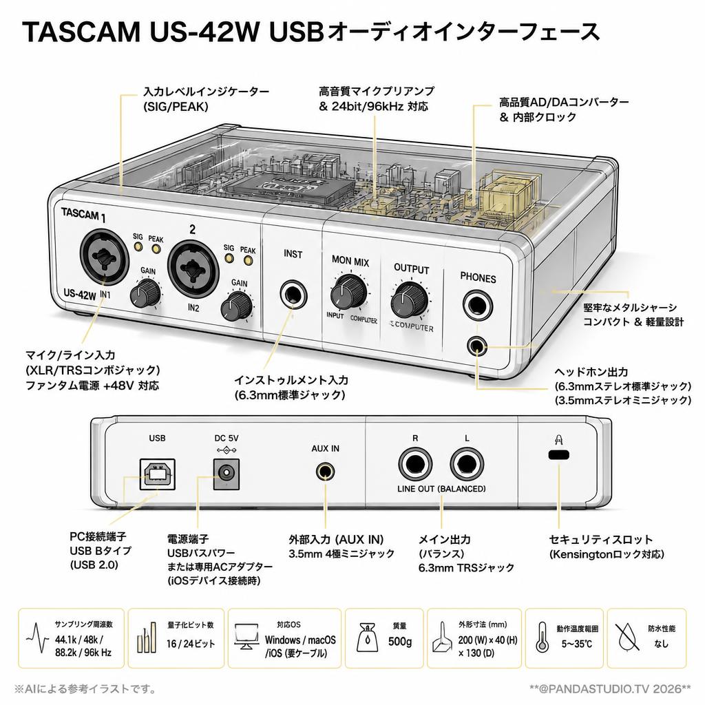 TASCAM US-42W USBオーディオインターフェース スペック