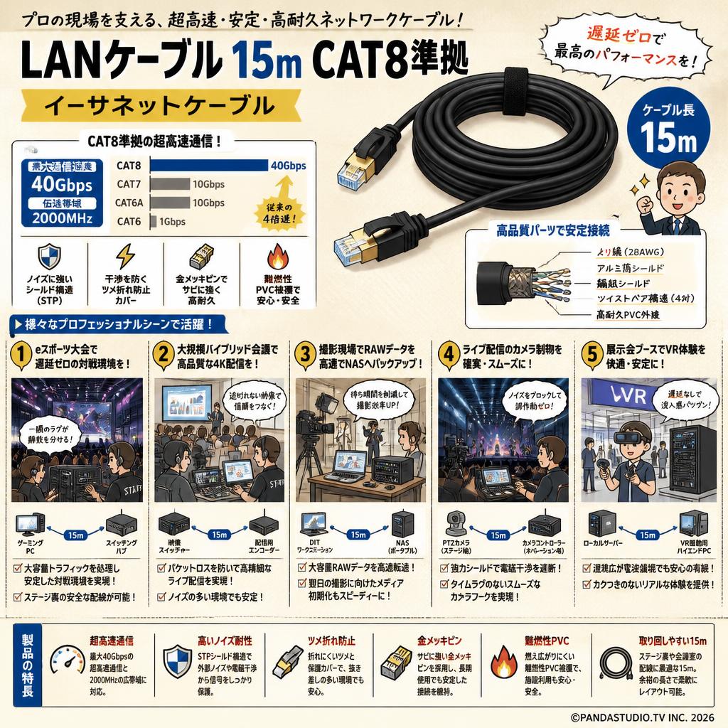 LANケーブル15m CAT8準拠 イーサネットケーブル 用途