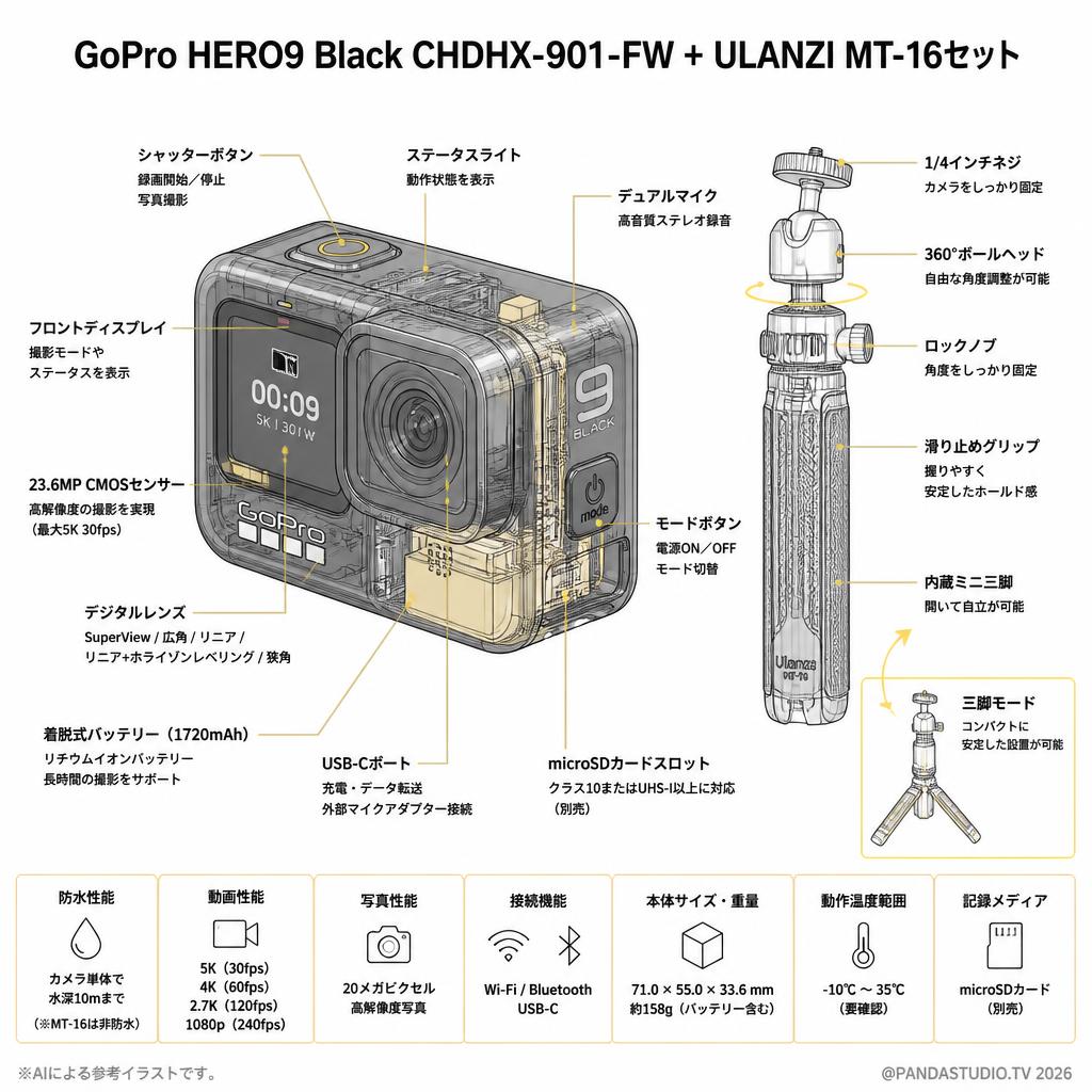 GoPro HERO9 Black CHDHX-901-FW + ULANZI MT-16セット スペック