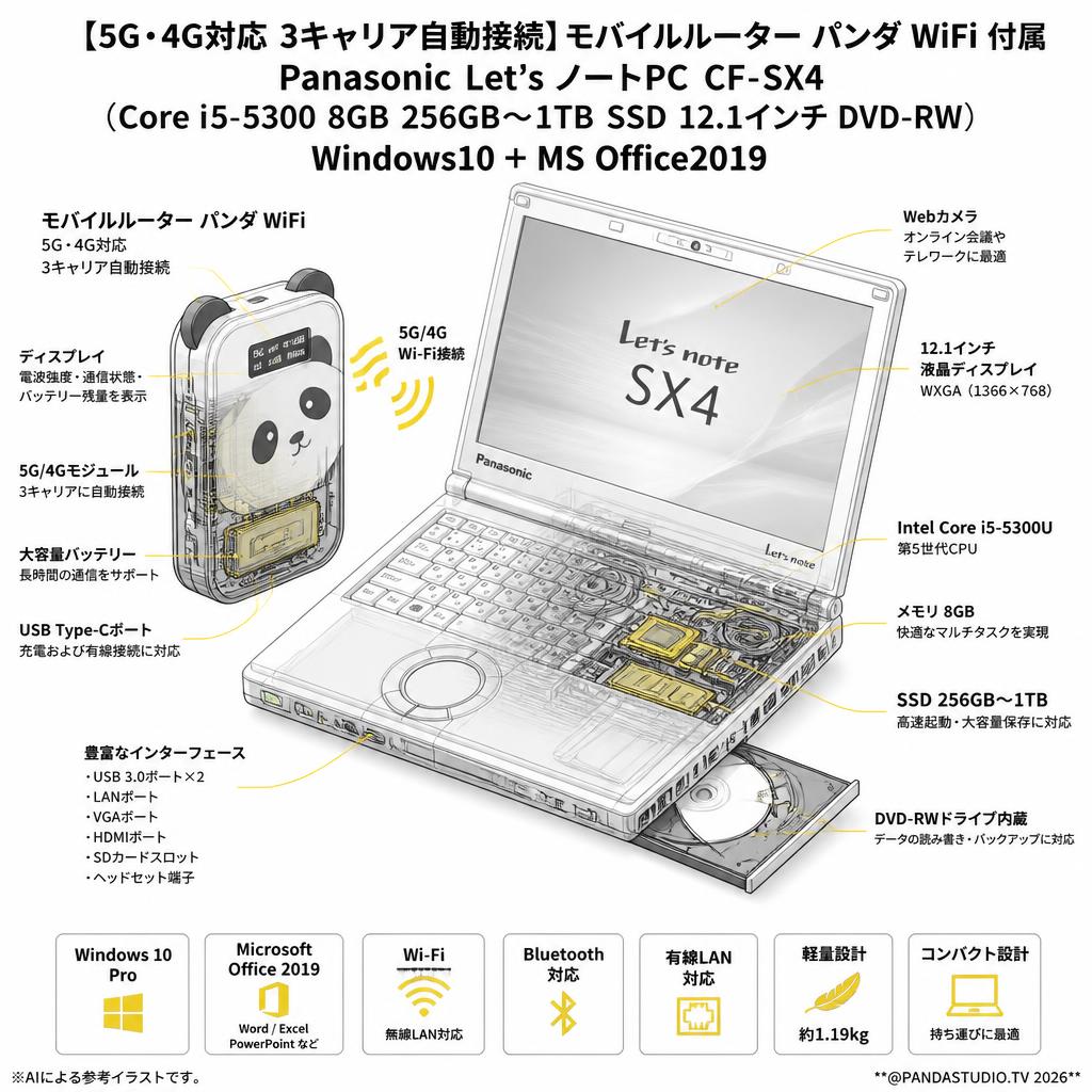 【5G・4G対応 3キャリア自動接続】モバイルルーター パンダ WiFi付属 Panasonic Let’s ノートPC CF SX4（Core i5-5300 8GB 256GB〜1TB SSD 12.1インチ DVD-RW) Windows10 ＋MS Office2019 スペック