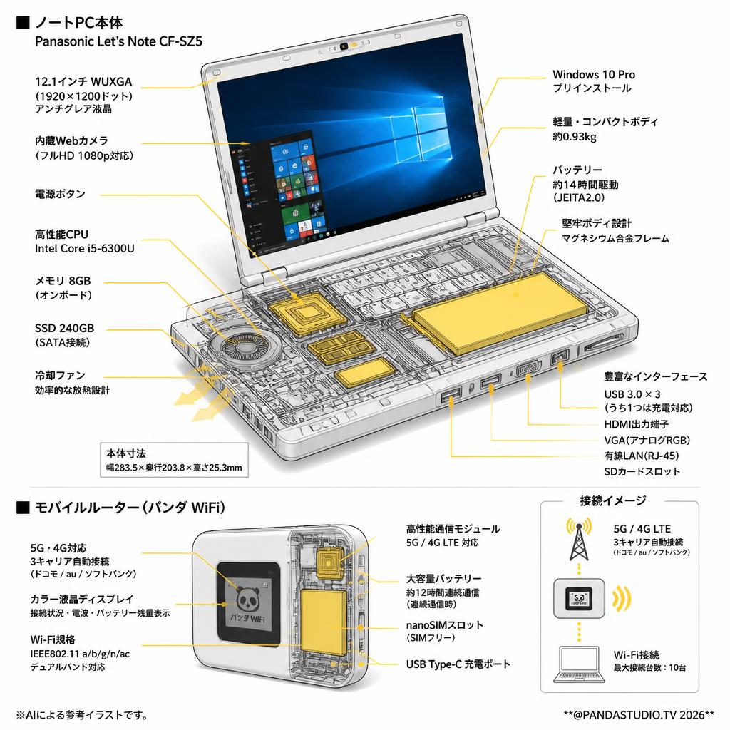 【5G・4G対応 3キャリア自動接続】モバイルルーター パンダ WiFi付属 Panasonic Let’s ノートPC CF SZ5（Core i5-6300U 8GB SSD240GB 12.1インチ ) Windows10 ＋MS Office2019 スペック