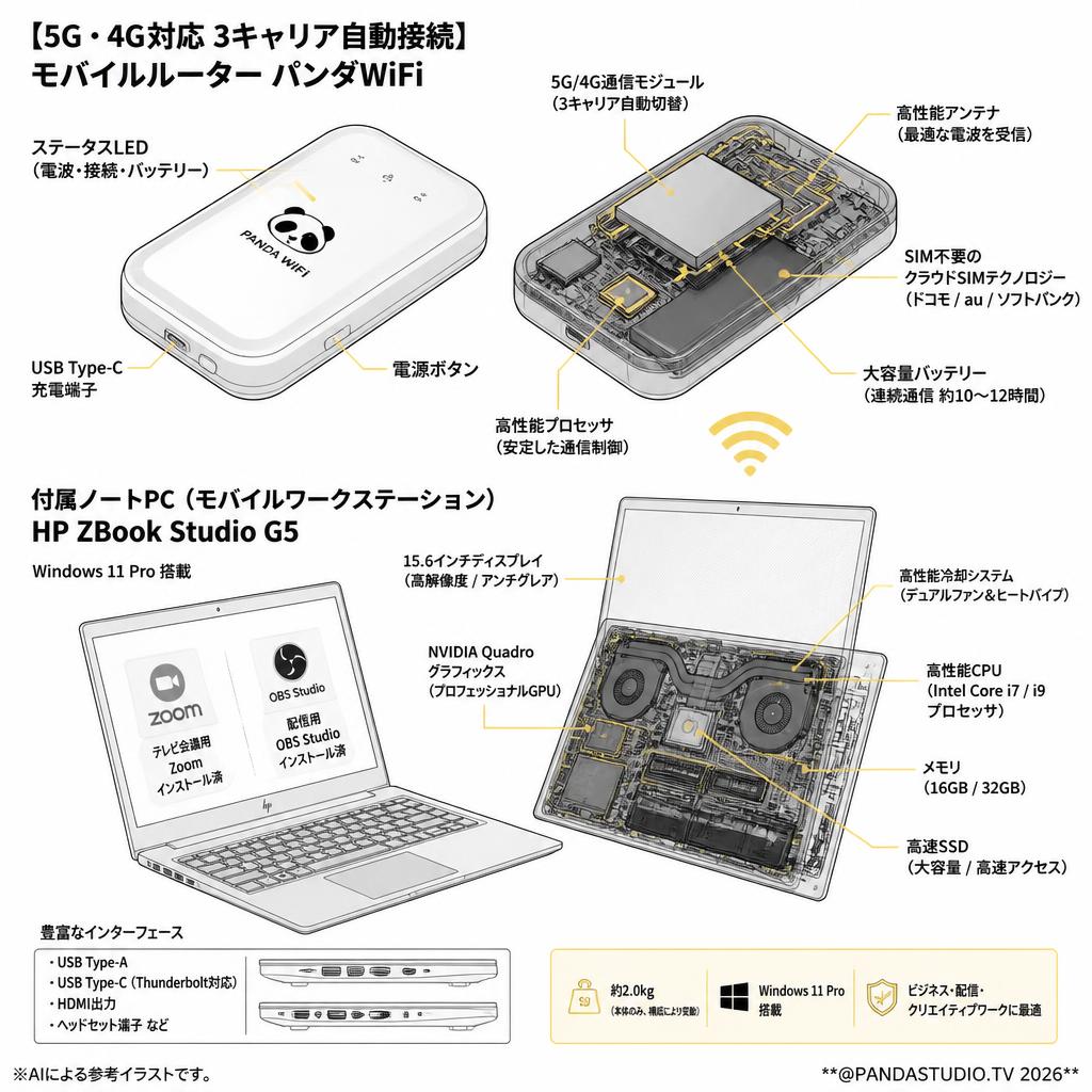 【5G・4G対応 3キャリア自動接続 】 モバイルルーター パンダ WiFi（付属 HP ZBook Studio G5 Mobile workstation（テレビ会議Zoom、配信用 OBSインストール済）Win11 スペック