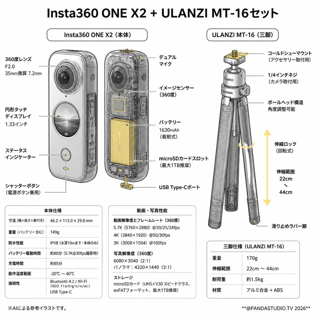 Insta360 ONE X2 + ULANZI MT-16セット スペック