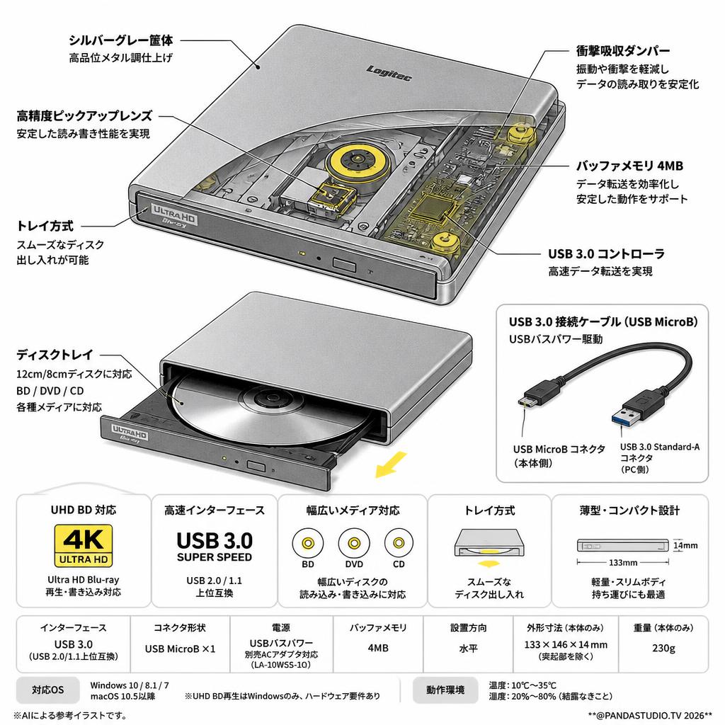 LOGITEC ブルーレイ 外付けドライブ USB3.0 UHD BD対応 (LBD-PUD6U3LGY) シルバーグレー スペック