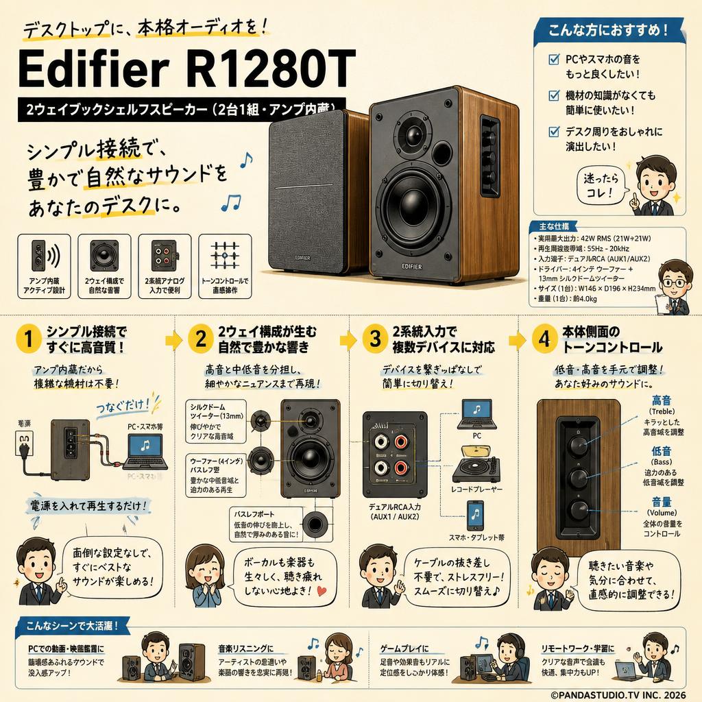 Edifier R1280T【 2ウェイブックシェルフスピーカー(2台1組 -アンプ内蔵)】 概要